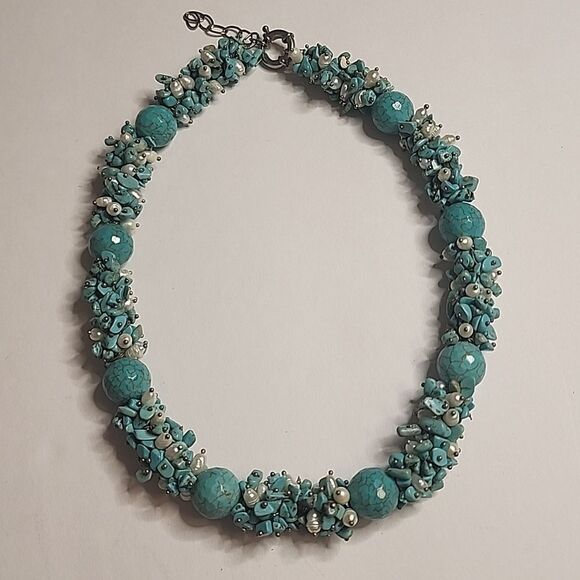 Synthetic Turquoise Chip Beaded Statement Necklace Blue Womens Jewelry - Picture 1 of 4